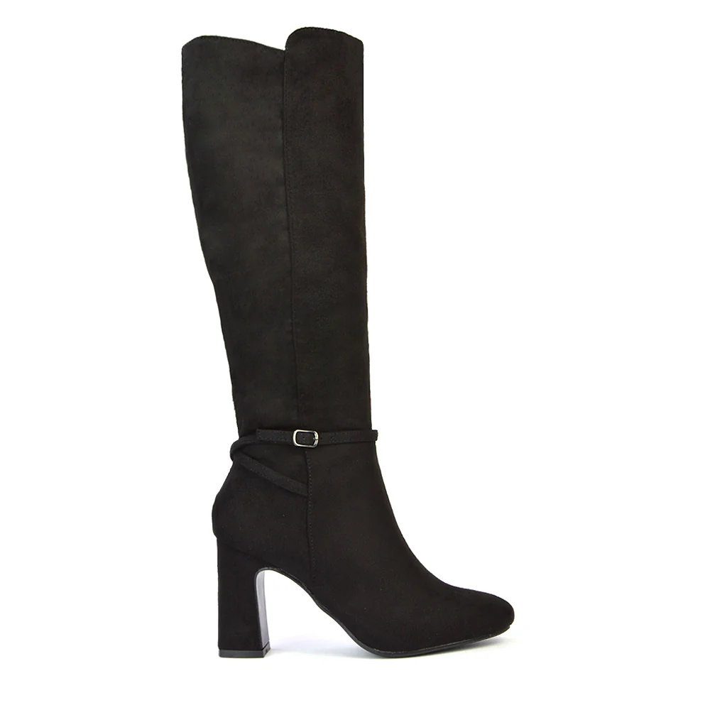 Olly Buckle Zip Up Block Mid Heel Knee High Boots in Black Faux Suede - Image 88
