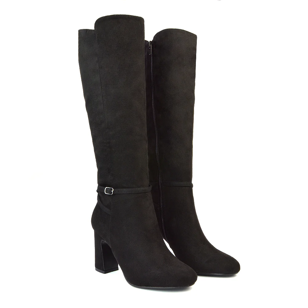 Olly Buckle Zip Up Block Mid Heel Knee High Boots in Black Synthetic Leather - Image 73
