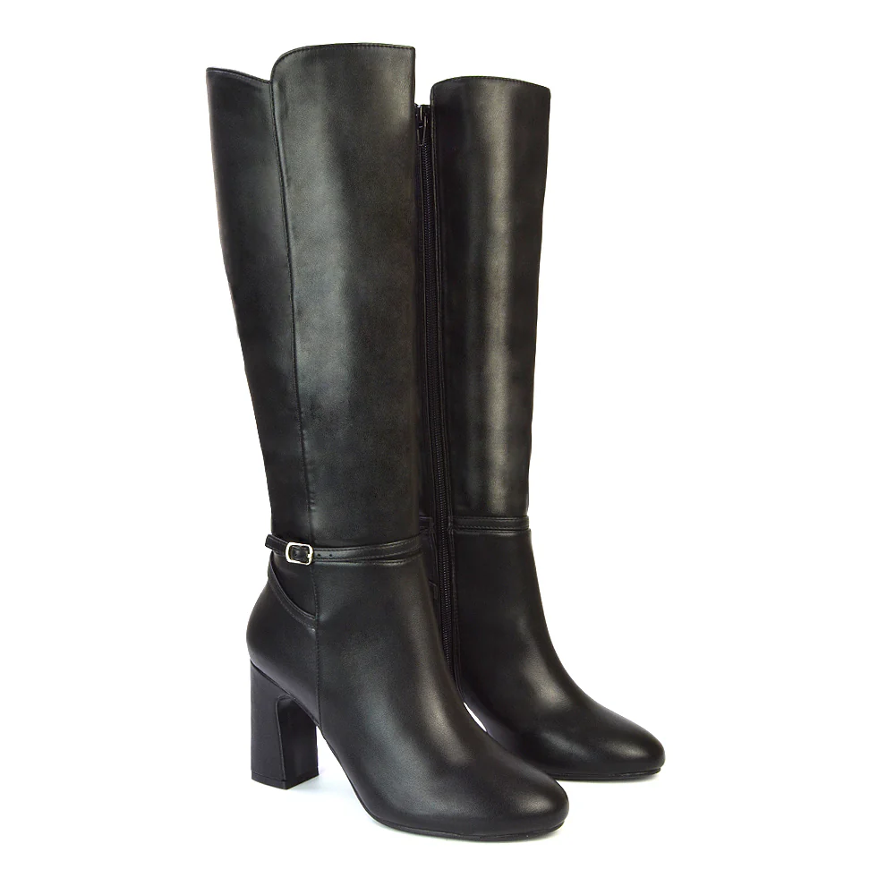 Olly Buckle Zip Up Block Mid Heel Knee High Boots in Tan Faux Suede - Image 10