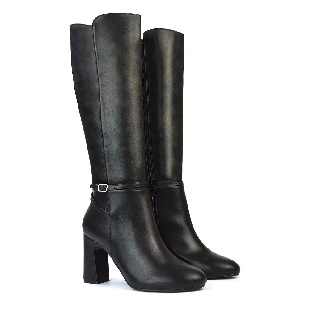 Olly Buckle Zip Up Block Mid Heel Knee High Boots in Tan Faux Suede - Image 21