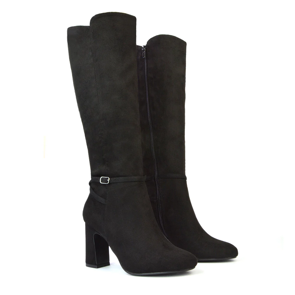 Olly Buckle Zip Up Block Mid Heel Knee High Boots in Tan Faux Suede - Image 75