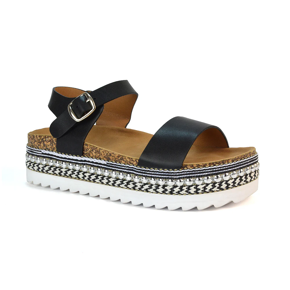 Bonnie Strappy Flat Sandals Chunky Flatform Wedges in White - Image 10