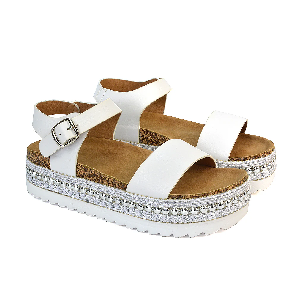 Bonnie Strappy Flat Sandals Chunky Flatform Wedges in White - Image 2