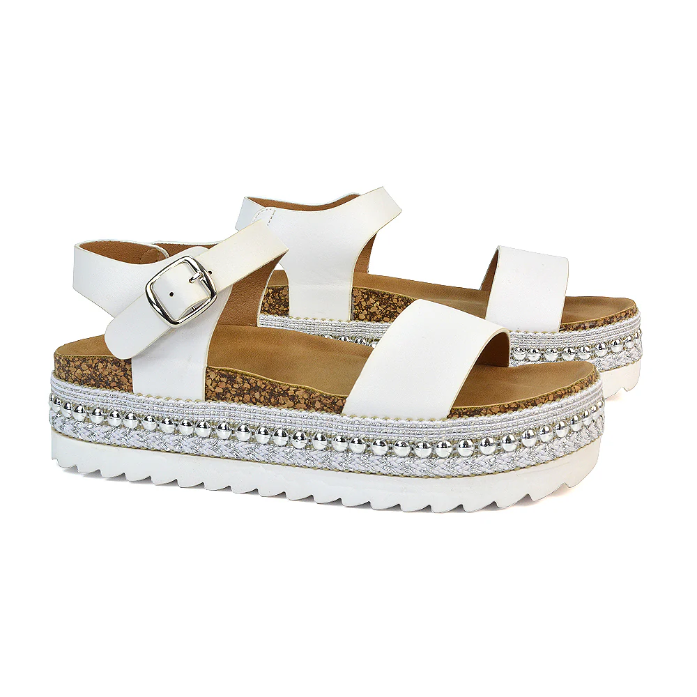 Bonnie Strappy Flat Sandals Chunky Flatform Wedges in White - Image 3