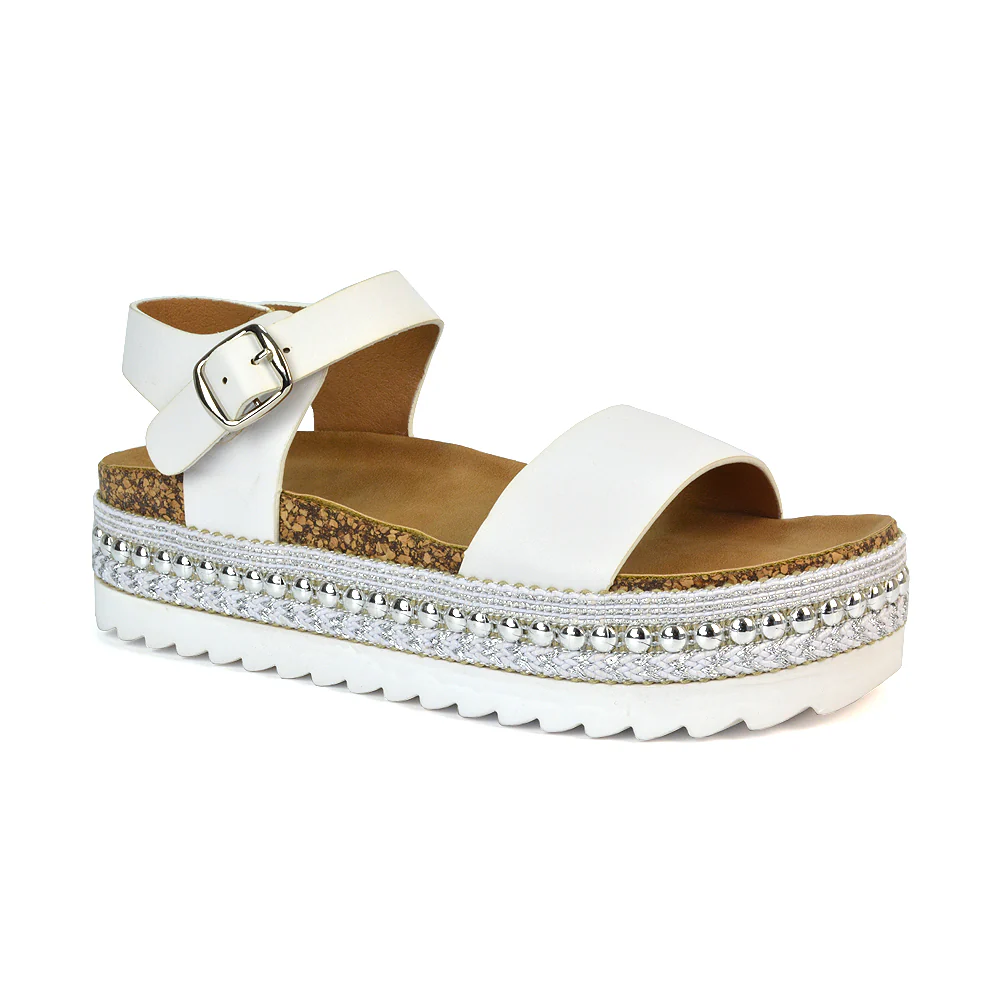 Bonnie Strappy Flat Sandals Chunky Flatform Wedges in White - Image 4