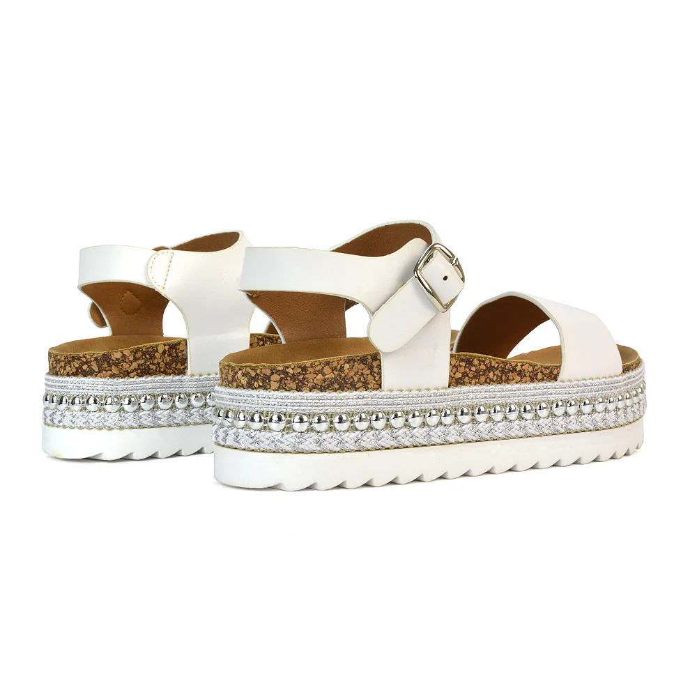 Bonnie Strappy Flat Sandals Chunky Flatform Wedges in White - Image 5