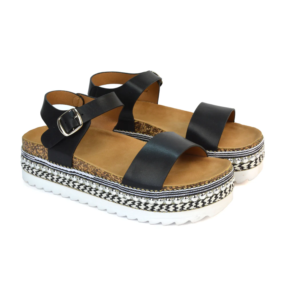 Bonnie Strappy Flat Sandals Chunky Flatform Wedges in White - Image 9