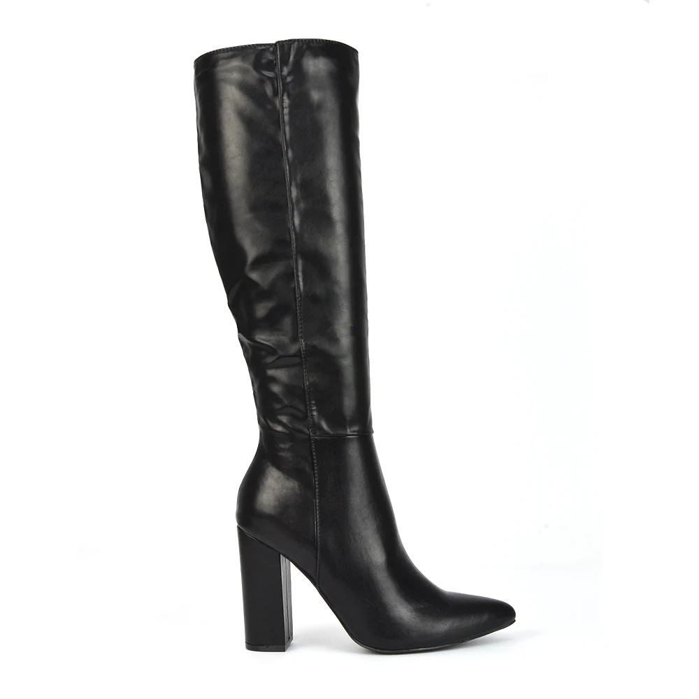 Opal Black Synthetic Leather Statement Knee High Pointed Toe Block Heeled Long Boots - Image 11