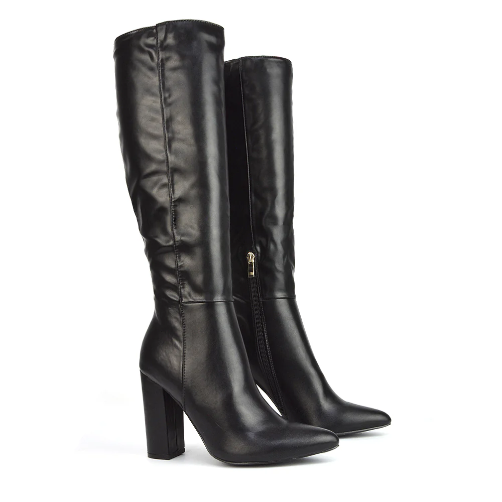 Opal Black Synthetic Leather Statement Knee High Pointed Toe Block Heeled Long Boots - Image 13