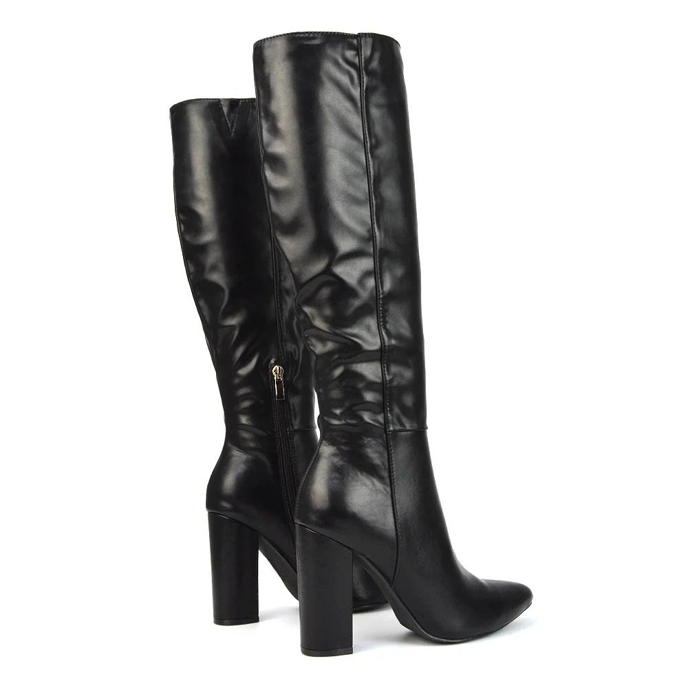 Opal Fuchsia Synthetic Leather Statement Knee High Pointed Toe Block Heeled Long Boots - Image 14