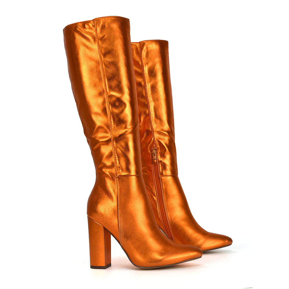 Opal Fuchsia Synthetic Leather Statement Knee High Pointed Toe Block Heeled Long Boots - Image 75