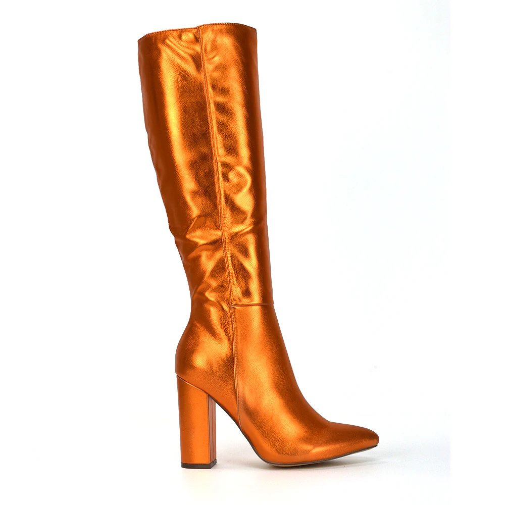 Opal Fuchsia Synthetic Leather Statement Knee High Pointed Toe Block Heeled Long Boots - Image 76