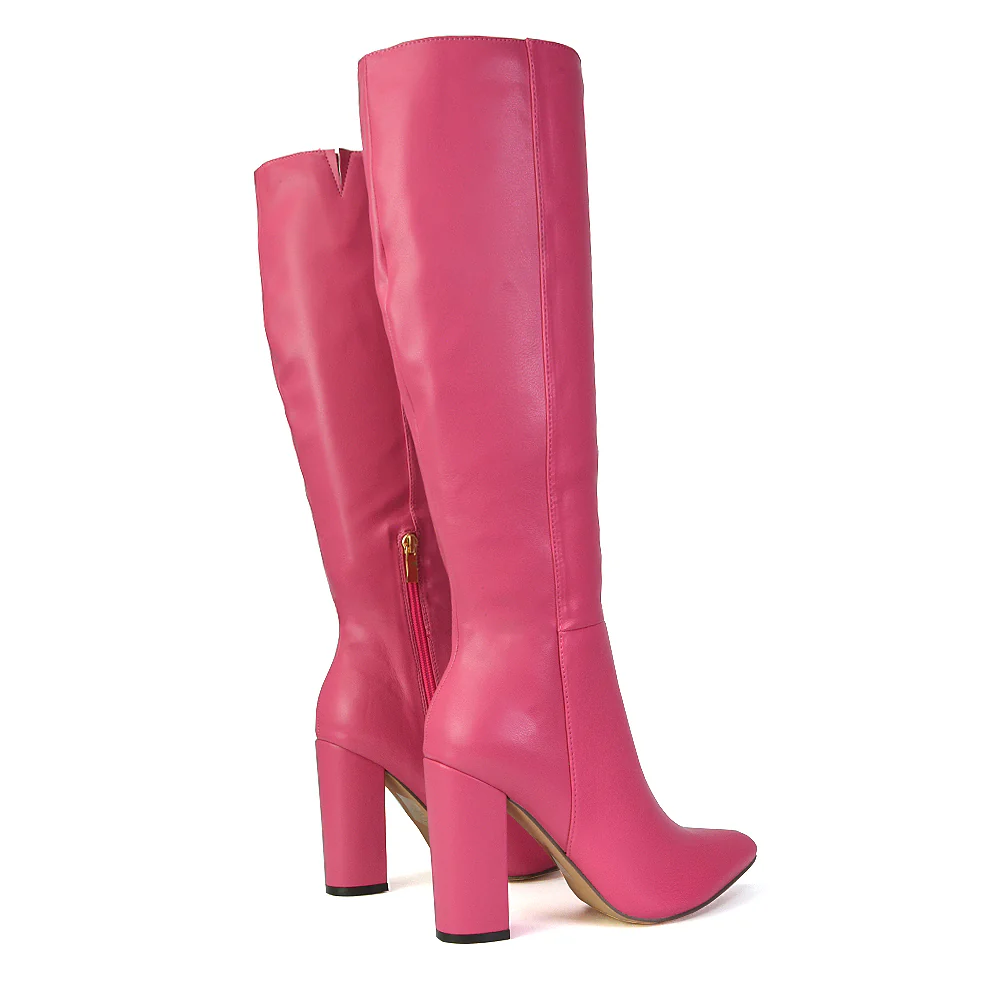 Opal Green Metallic Statement Knee High Pointed Toe Block Heeled Long Boots - Image 100