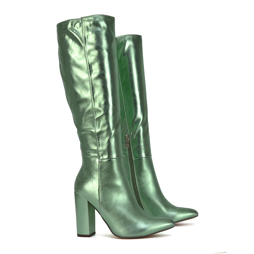 Opal Green Metallic Statement Knee High Pointed Toe Block Heeled Long Boots - Image 32