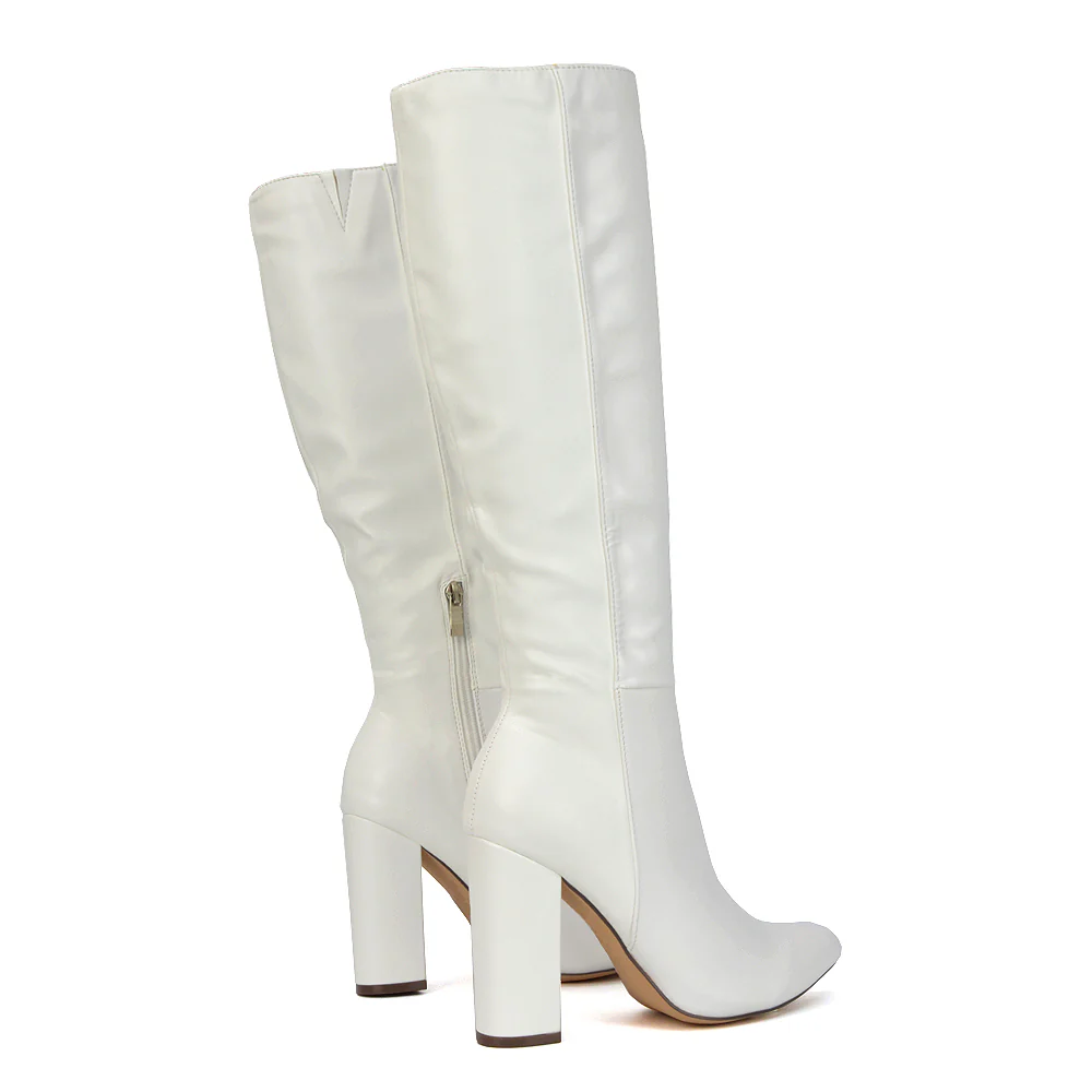Opal Green Metallic Statement Knee High Pointed Toe Block Heeled Long Boots - Image 46