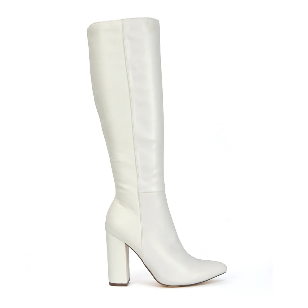 Opal Green Metallic Statement Knee High Pointed Toe Block Heeled Long Boots - Image 48