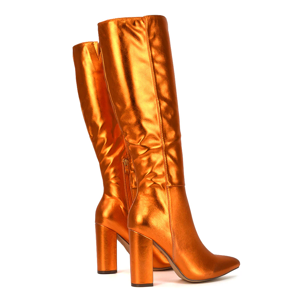 Opal Green Metallic Statement Knee High Pointed Toe Block Heeled Long Boots - Image 67