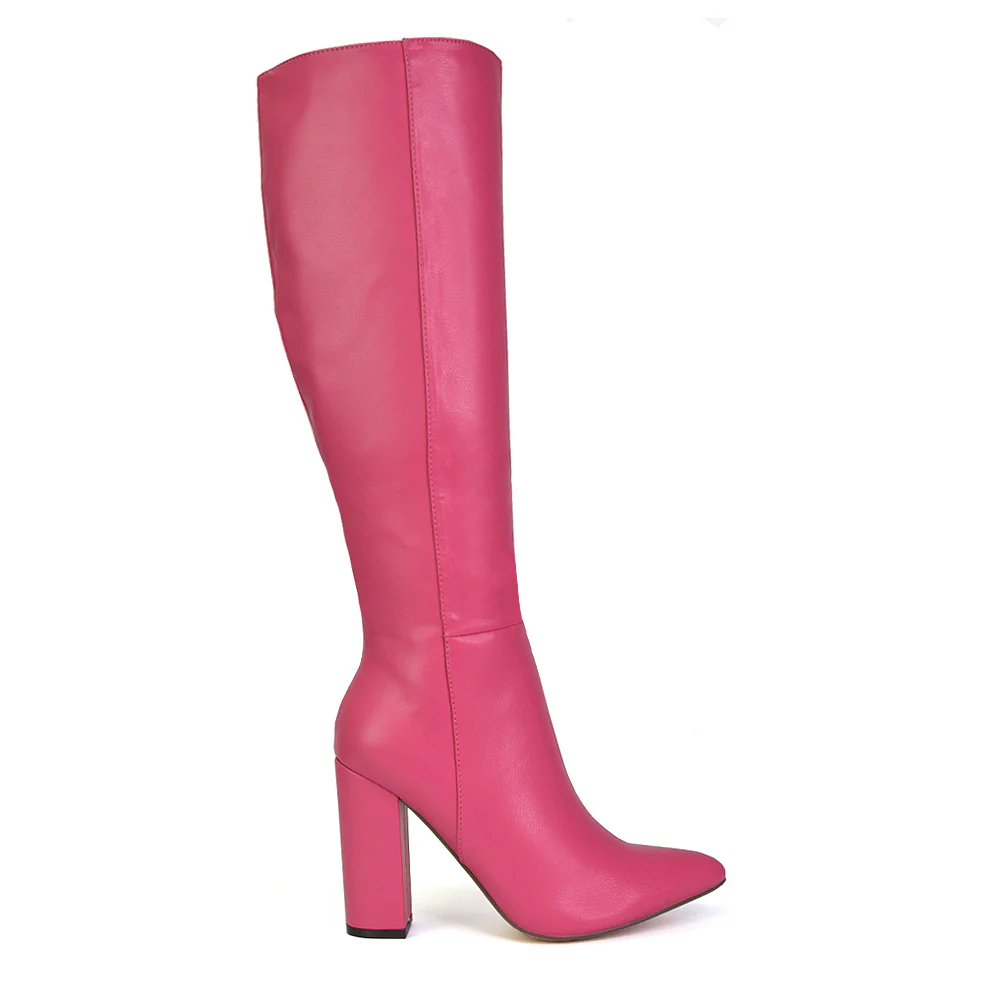 Opal Green Metallic Statement Knee High Pointed Toe Block Heeled Long Boots - Image 83