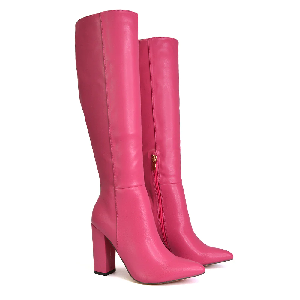 Opal Green Metallic Statement Knee High Pointed Toe Block Heeled Long Boots - Image 85