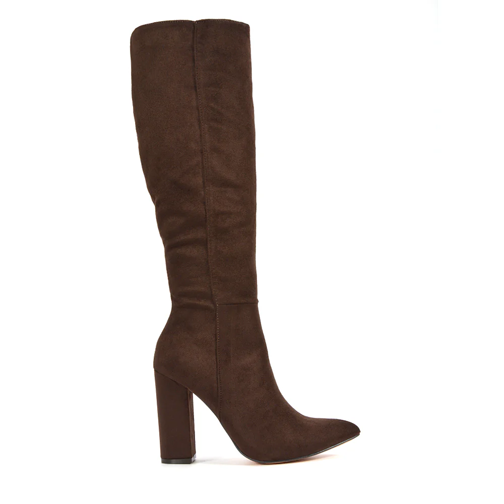 Opal Pointed Toe Block Heeled Knee High Boots in Chocolate Faux Suede - Image 3