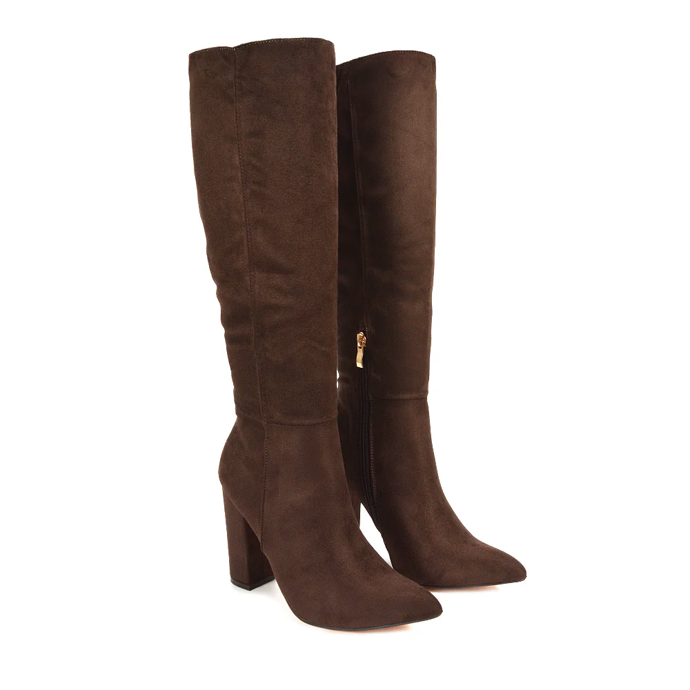 Opal Pointed Toe Block Heeled Knee High Boots in Chocolate Faux Suede - Image 7