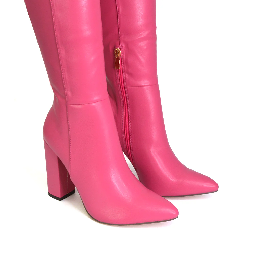 Opal White Synthetic Leather Statement Knee High Pointed Toe Block Heeled Long Boots - Image 89