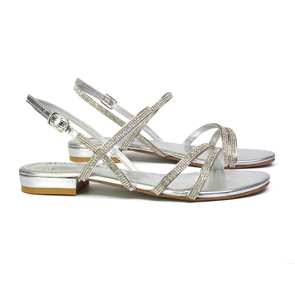 Orla Diamante Sparkly Bridal Buckle Strappy Flat Summer Sandals in Black - Image 28