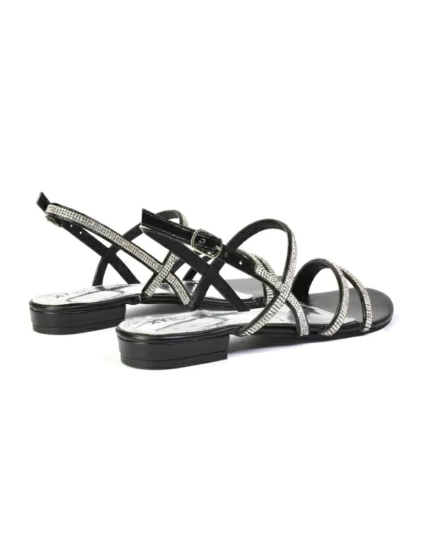 Orla Diamante Sparkly Bridal Buckle Strappy Flat Summer Sandals in Black - Image 4