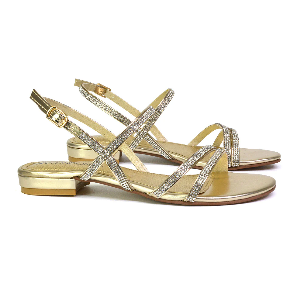 Orla Diamante Sparkly Bridal Buckle Strappy Flat Summer Sandals in Black - Image 57
