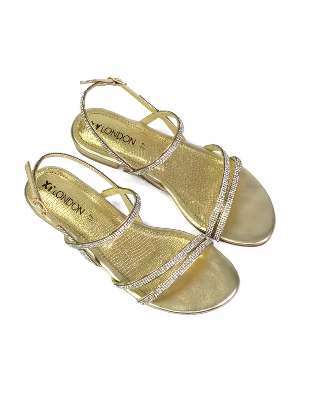Orla Diamante Sparkly Bridal Buckle Strappy Flat Summer Sandals in Black - Image 6