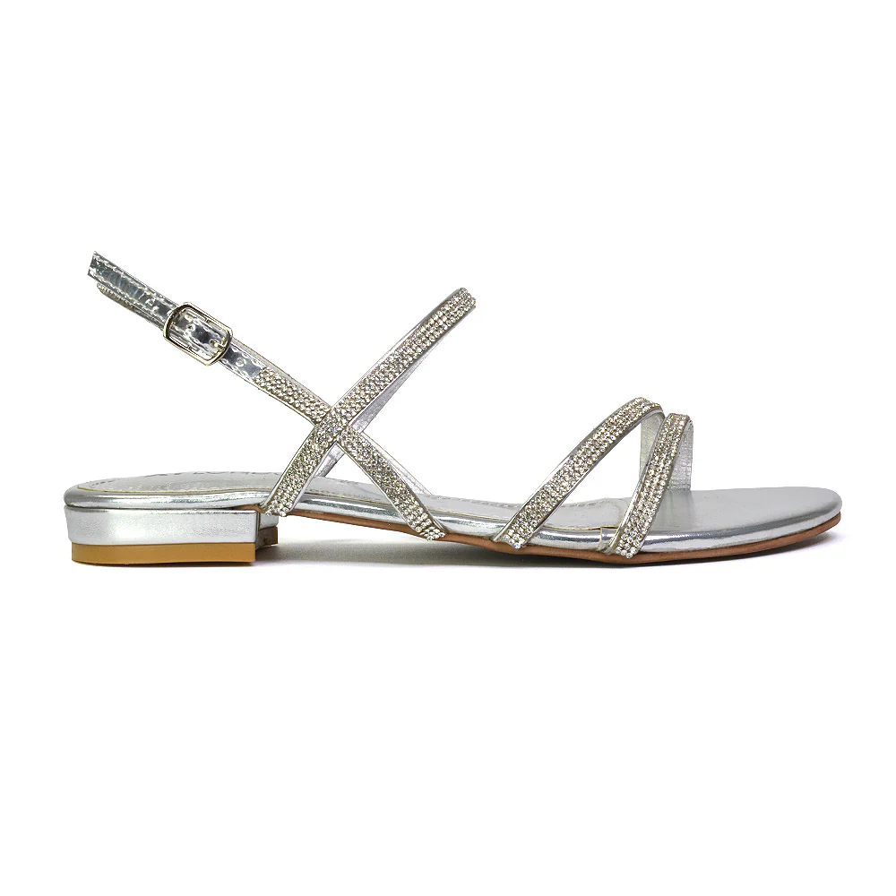 Orla Buckle Strappy Summer Sparkly Bridal Flat Diamante Sandals in Gold - Image 29