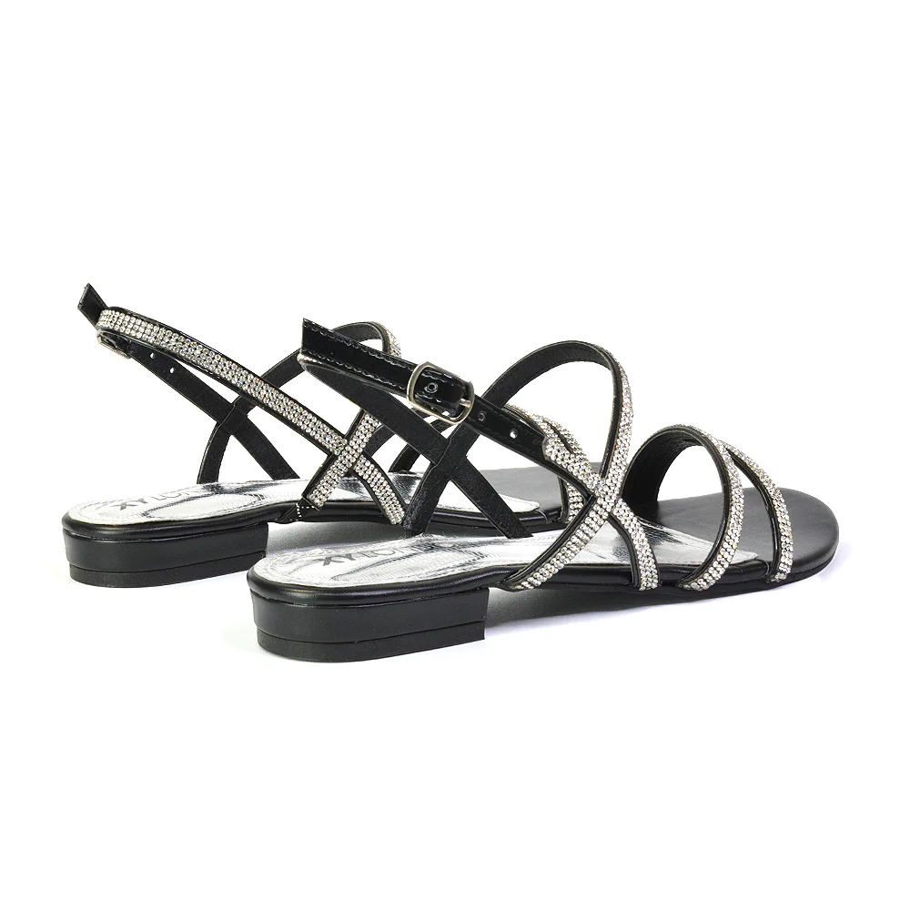 Orla Buckle Strappy Summer Sparkly Bridal Flat Diamante Sandals in Gold - Image 85