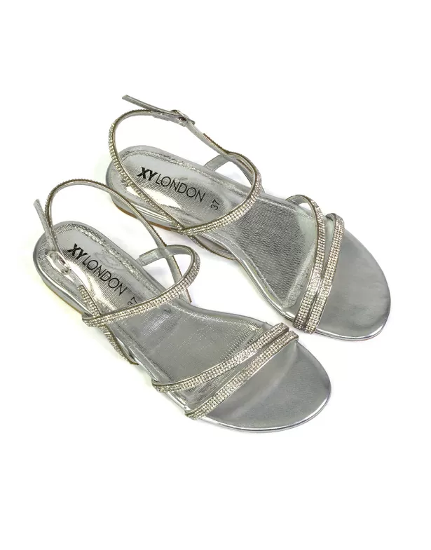 Orla Buckle Strappy Summer Sparkly Bridal Flat Diamante Sandals in Silver - Image 2