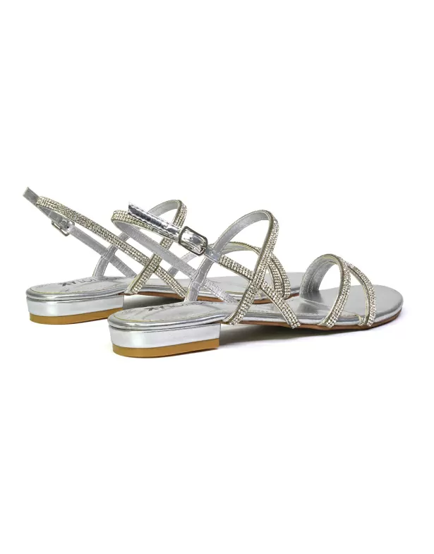 Orla Buckle Strappy Summer Sparkly Bridal Flat Diamante Sandals in Silver - Image 3