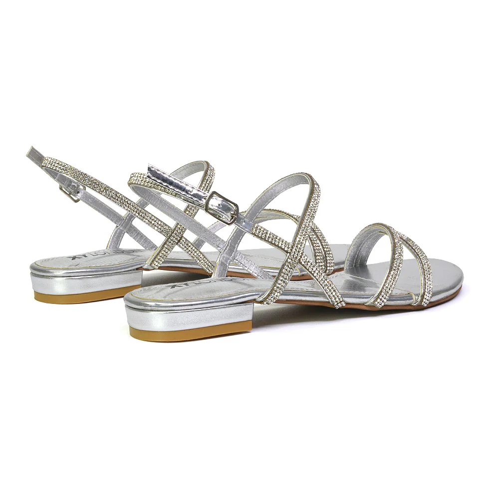 Orla Buckle Strappy Summer Sparkly Bridal Flat Diamante Sandals in Silver - Image 30