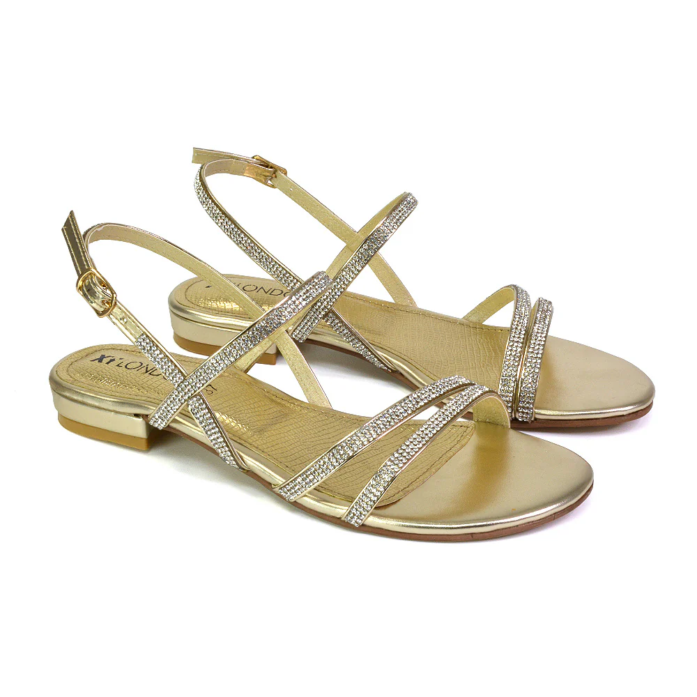 Orla Buckle Strappy Summer Sparkly Bridal Flat Diamante Sandals in Silver - Image 45