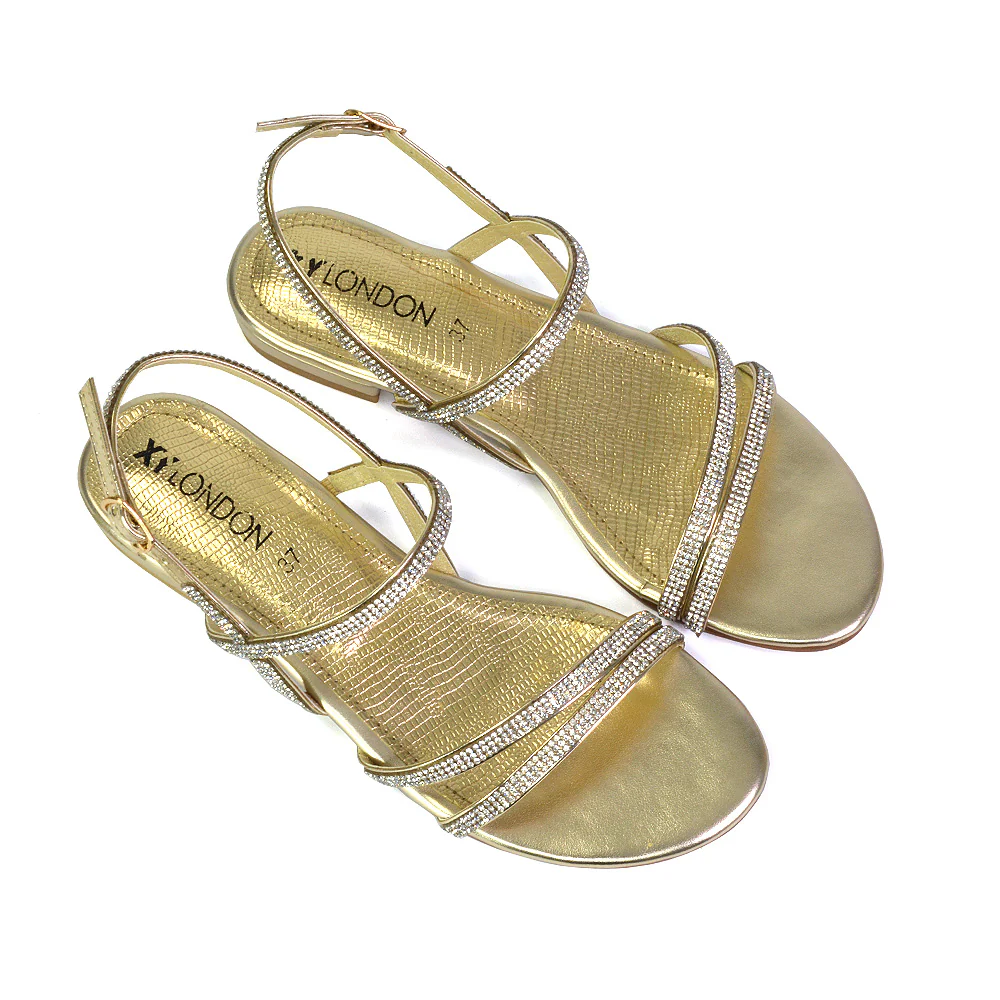 Orla Buckle Strappy Summer Sparkly Bridal Flat Diamante Sandals in Silver - Image 48