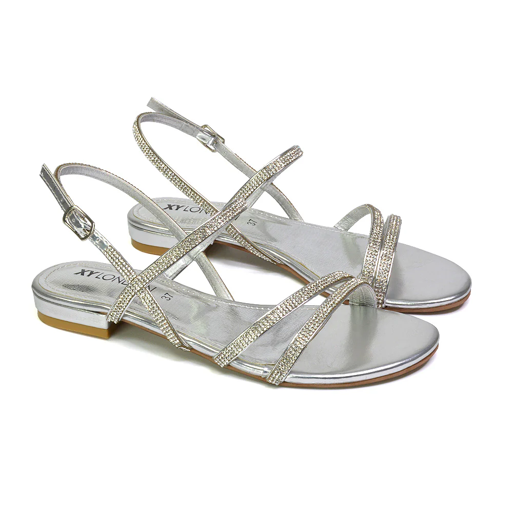 Orla Buckle Strappy Summer Sparkly Bridal Flat Diamante Sandals in Silver - Image 6