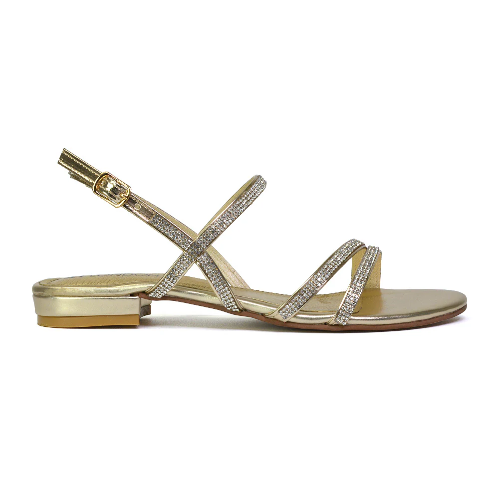 Orla Buckle Strappy Summer Sparkly Bridal Flat Diamante Sandals in Silver - Image 64