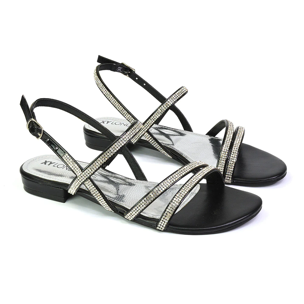 Orla Buckle Strappy Summer Sparkly Bridal Flat Diamante Sandals in Silver - Image 75