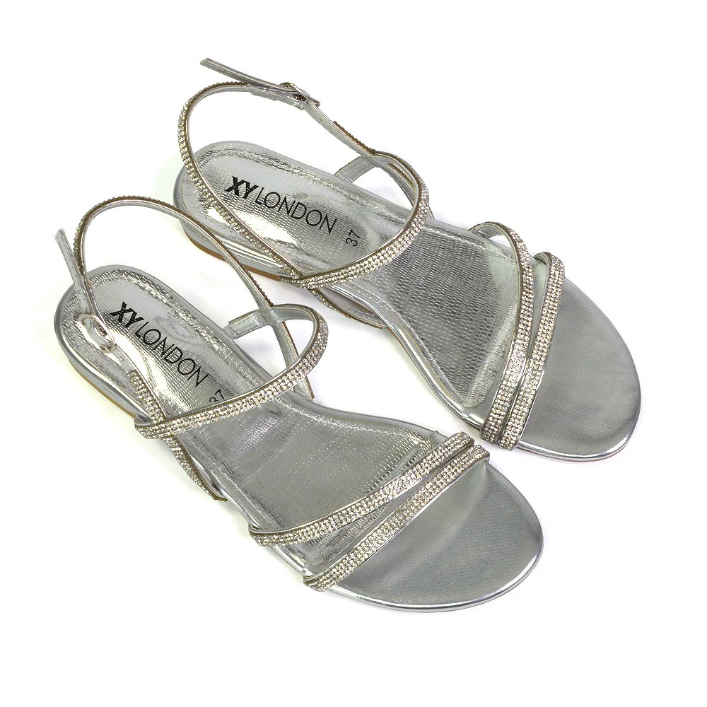 Orla Buckle Strappy Summer Sparkly Bridal Flat Diamante Sandals in Silver - Image 8