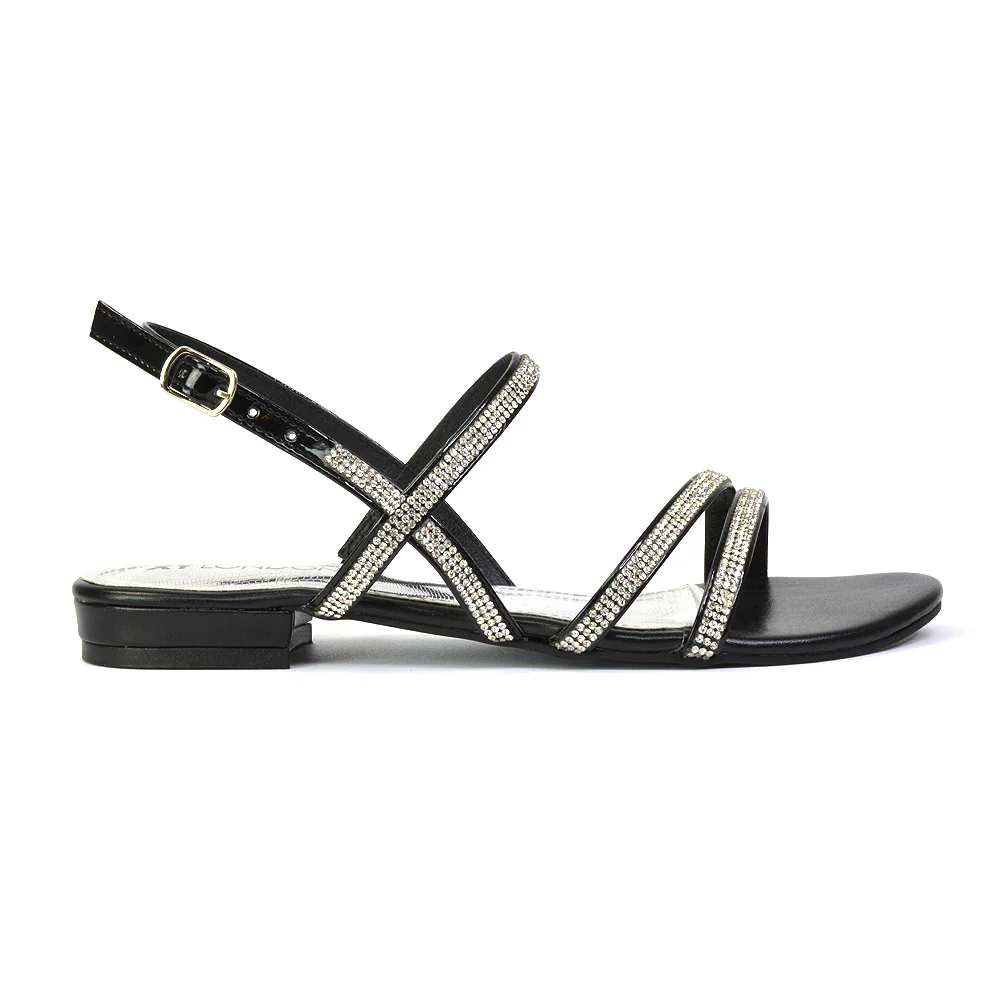 Orla Buckle Strappy Summer Sparkly Bridal Flat Diamante Sandals in Silver - Image 84