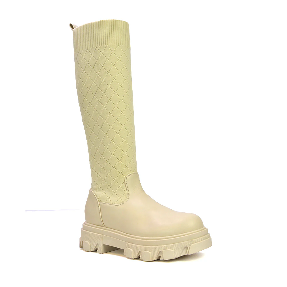 Oscar Chunky Sole Knitted Knee High Sock Biker Boots in Nude Synthetic Leather - Image 11