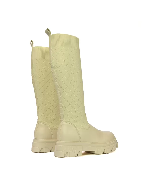Oscar Chunky Sole Knitted Knee High Sock Biker Boots in Nude Synthetic Leather - Image 3