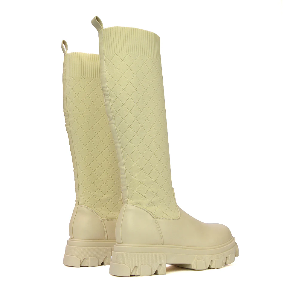 Oscar Chunky Sole Knitted Knee High Sock Biker Boots in Nude Synthetic Leather - Image 35
