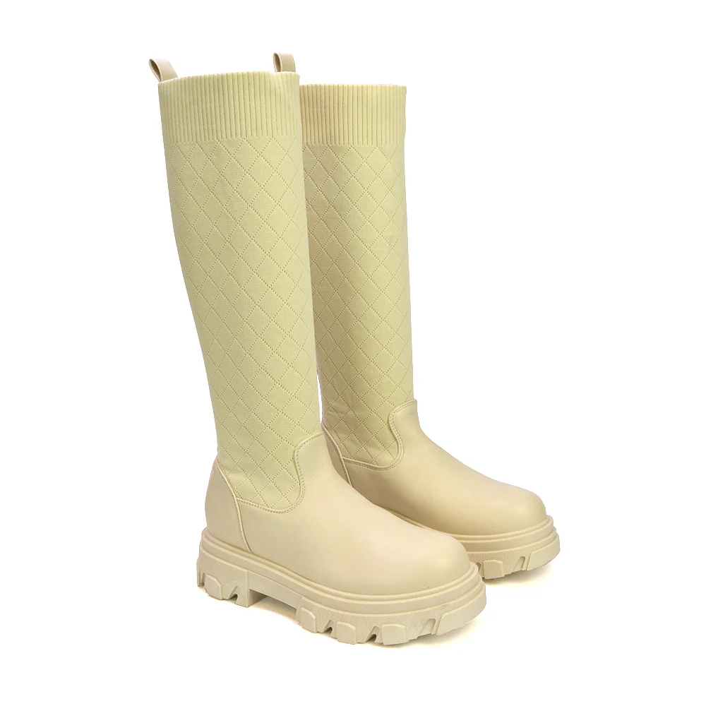 Oscar Chunky Sole Knitted Knee High Sock Biker Boots in Nude Synthetic Leather - Image 8