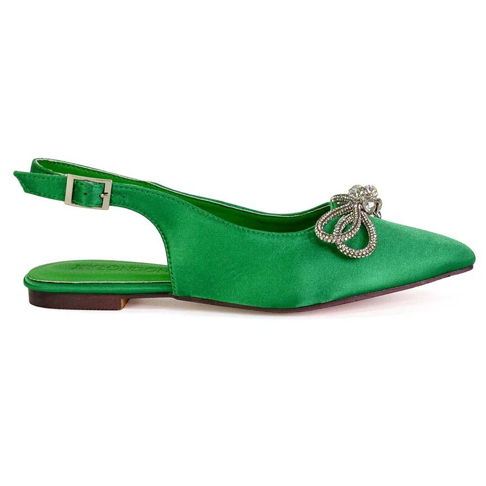 Ossie Slingback Diamante Bow Pointed Toe Ballerina Pump Shoes in Green - Image 3
