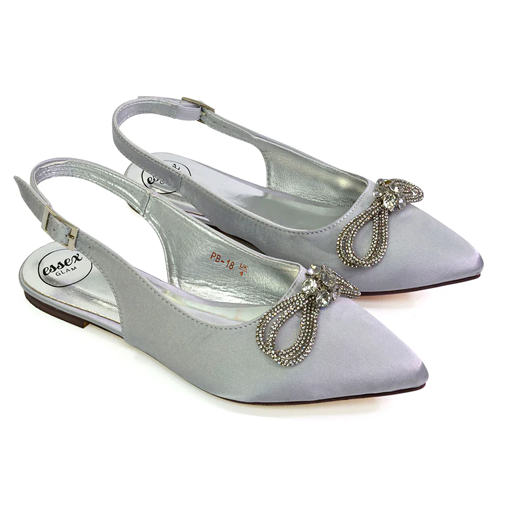 Ossie Slingback Diamante Bow Pointed Toe Ballerina Pump Shoes in Silver - Image 104