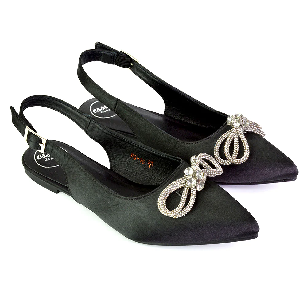 Ossie Slingback Diamante Bow Pointed Toe Ballerina Pump Shoes in Silver - Image 120