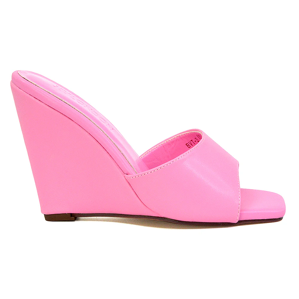 Otis Slip On Square Toe Wedge High Heeled Mule Summer Sandals in Pink - Image 81